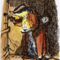 Original E H Shephard drawing of Badger from Wind in the Willows holding a candle