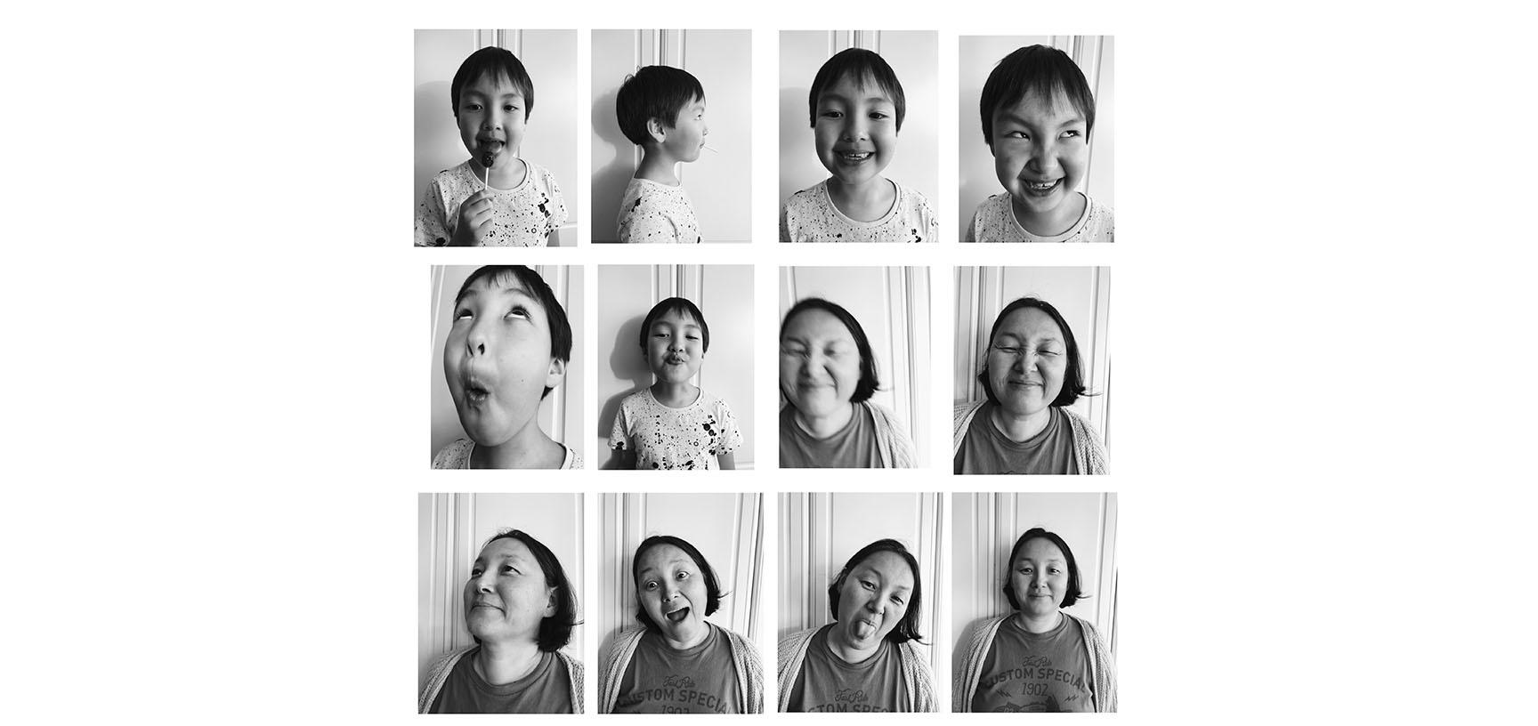 12 passport photo size images, six showing a young child and six showing a woman. In each photo the individual is looking in a different direction and has a different expression