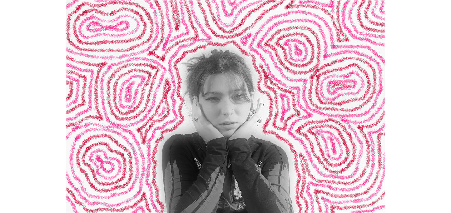 Black and white photograph of a woman propping her chin on her hands. This is overlaid on a pink patterned background