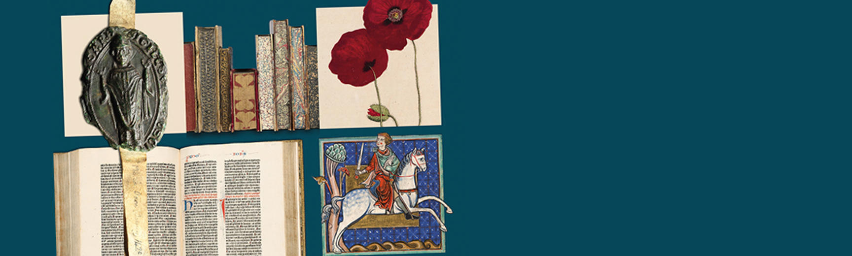 Composite image of Bodleian treasures: manuscript extracts, illustration of poppies, wax seal