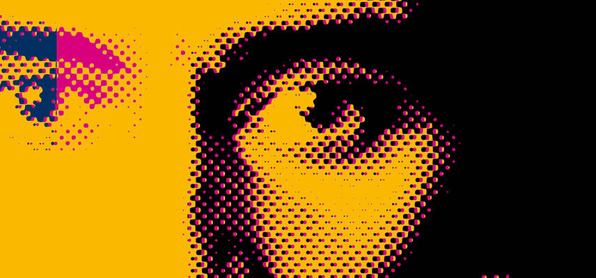 A close-up of the top half of Franz Kafka's face, rendered in a yellow and black Ben-Day dot pop-art style