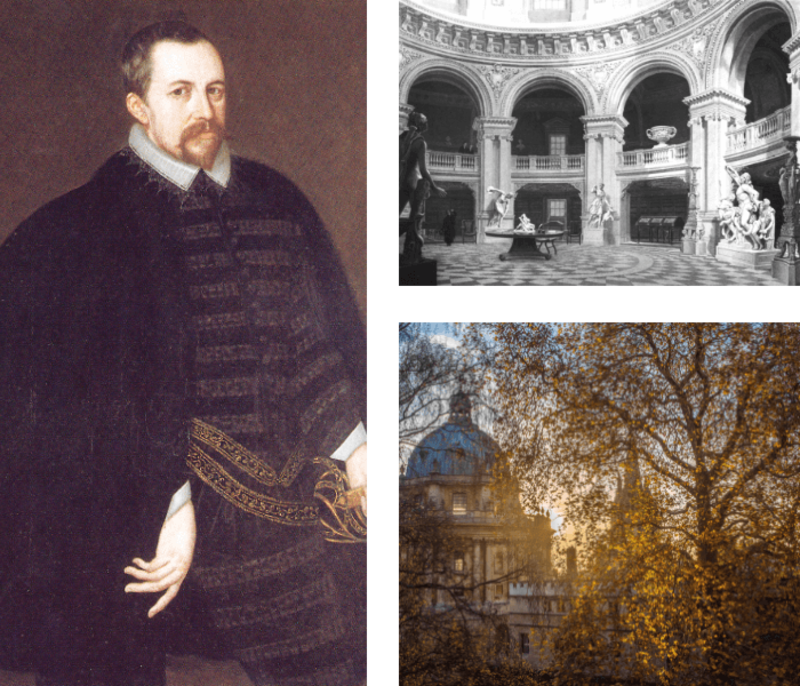 Thomas Bodley and Radcliffe Camera Composite image: painting of Thomas Bodley, old photograph inside Radcliffe Camera and sun setting behind the Radcliffe Camera