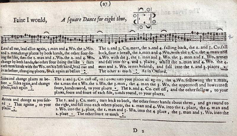 John Playford, Faine I would if I could A page showing a line of music notation and underneath six dance instructions for Faine I would if I could