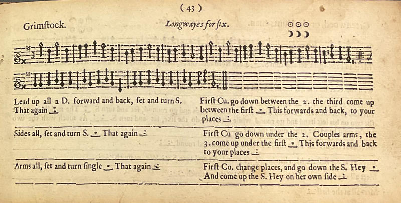 Grimstock, Playford's Dancing Master Music notations showing the music and dance instructions for Grimstock