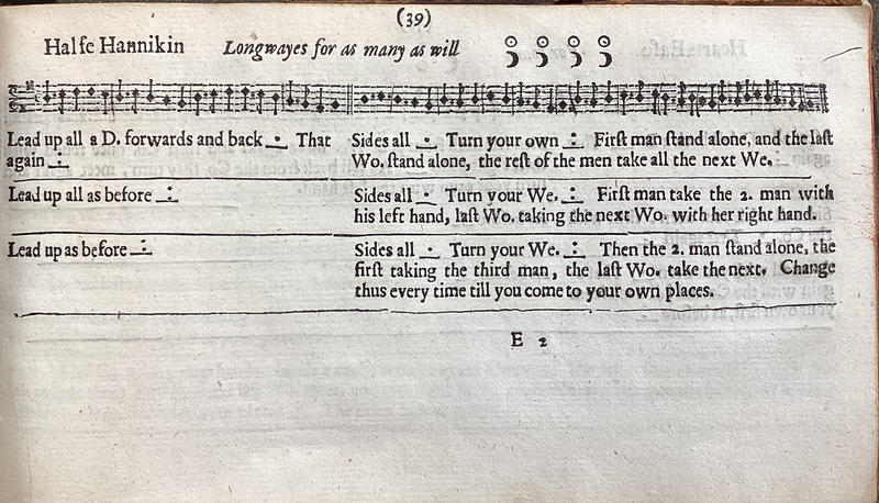 Halfe Hannikin, published by John Playford A page showing a line of music notation and underneath six dance instructions for Halfe Hannikin